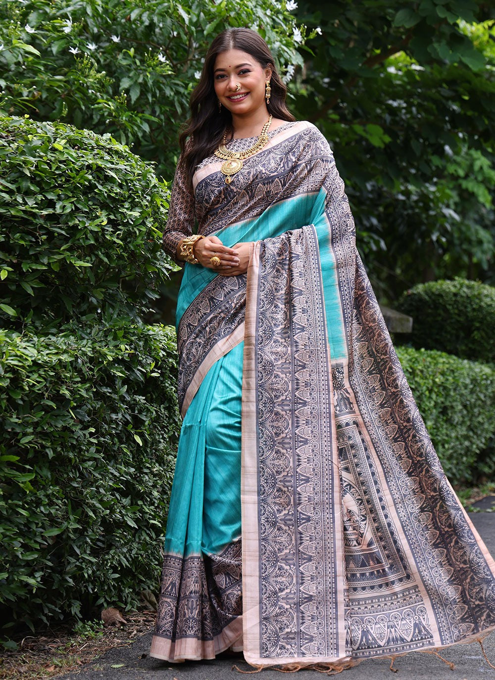 Classic Saree Printed Turquoise Tussar Silk Saree S12540