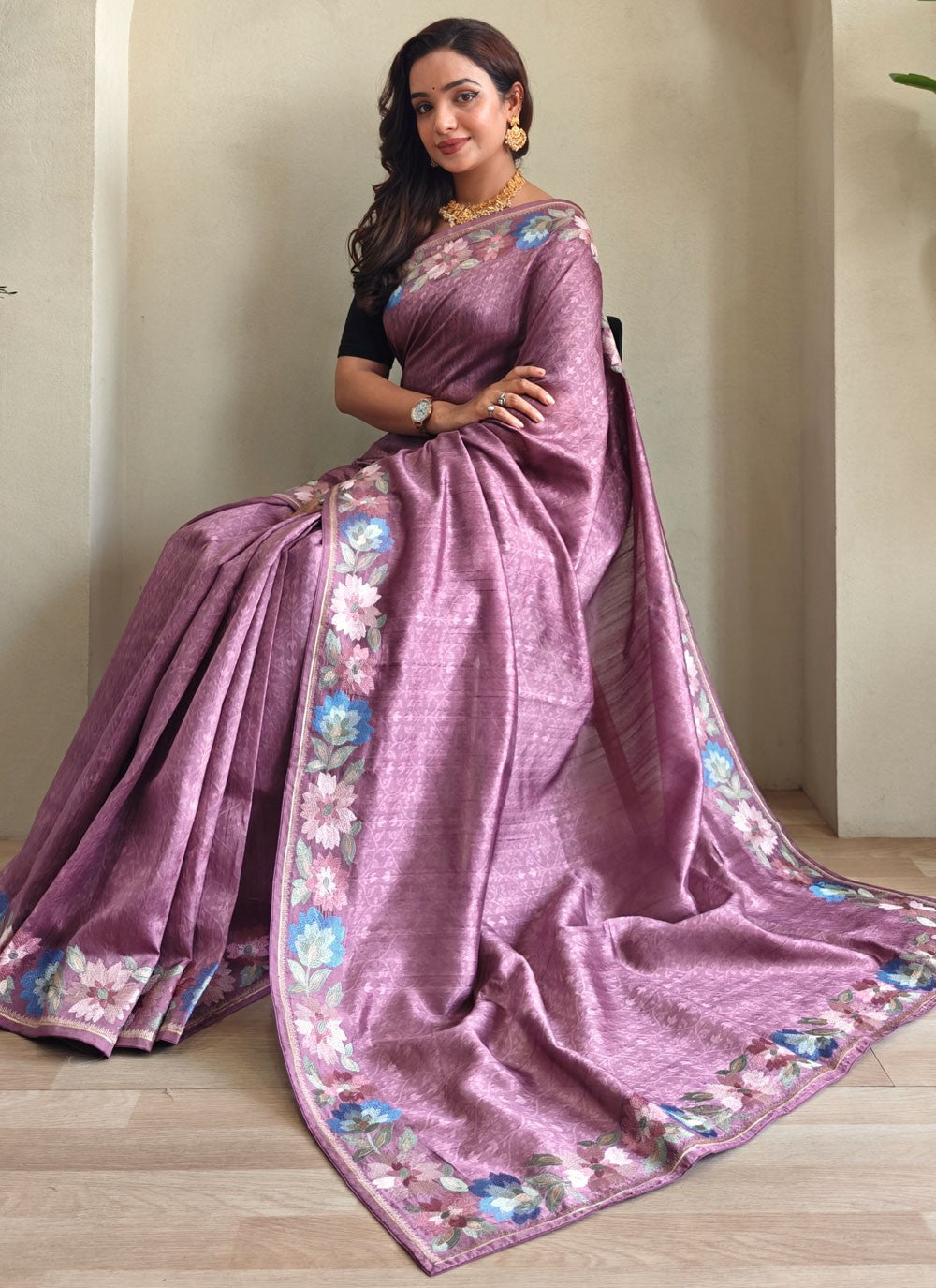 Purple Tussar Silk Traditional Saree Border Work, Thread S17282