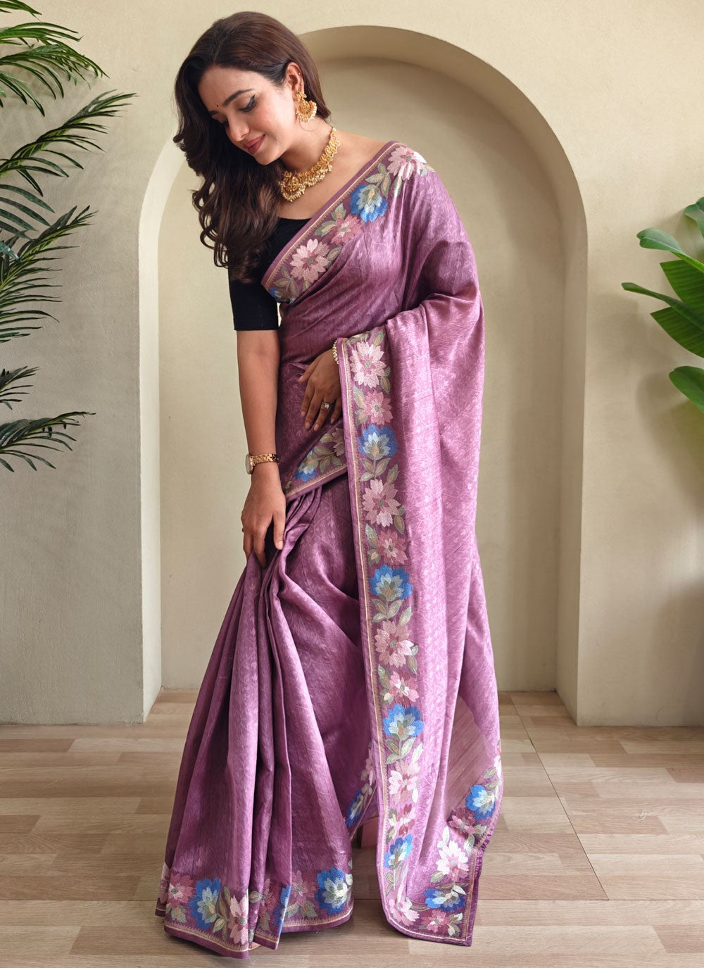 Purple Tussar Silk Traditional Saree Border Work, Thread S17282