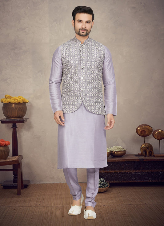 Resham Thread Work Tussar Silk Purple Kurta Payjama With Jacket - M5970