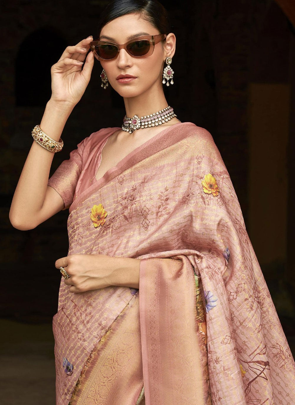 Trendy Saree Digital Print Beige, Pink Tussar Silk Saree S13231