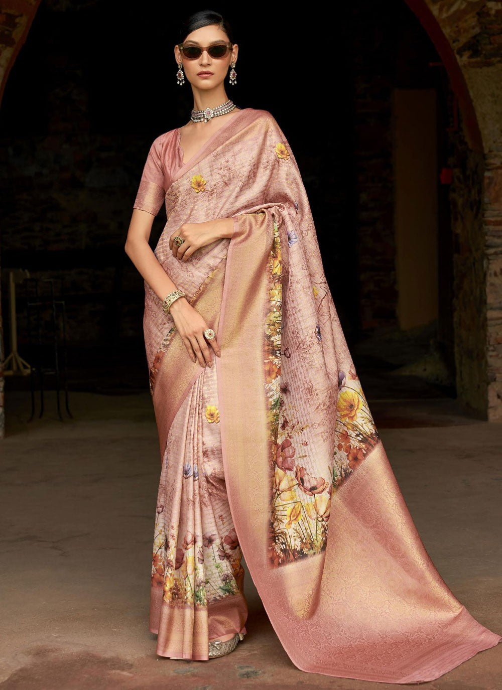 Trendy Saree Digital Print Beige, Pink Tussar Silk Saree S13231