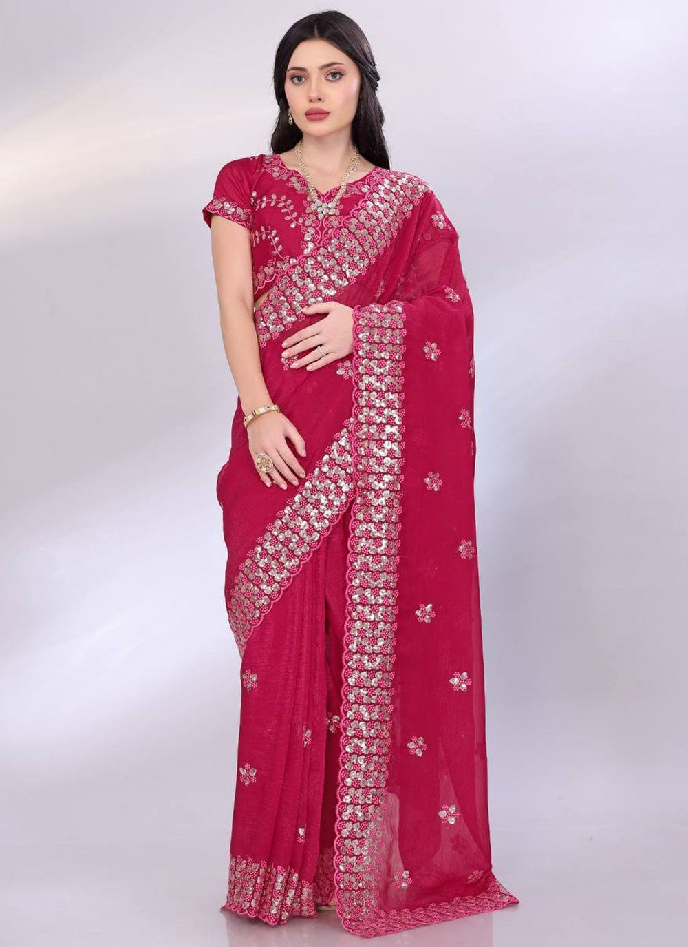 Trendy Saree Cut Work Hot Pink, Red Tussar Silk Saree S13725