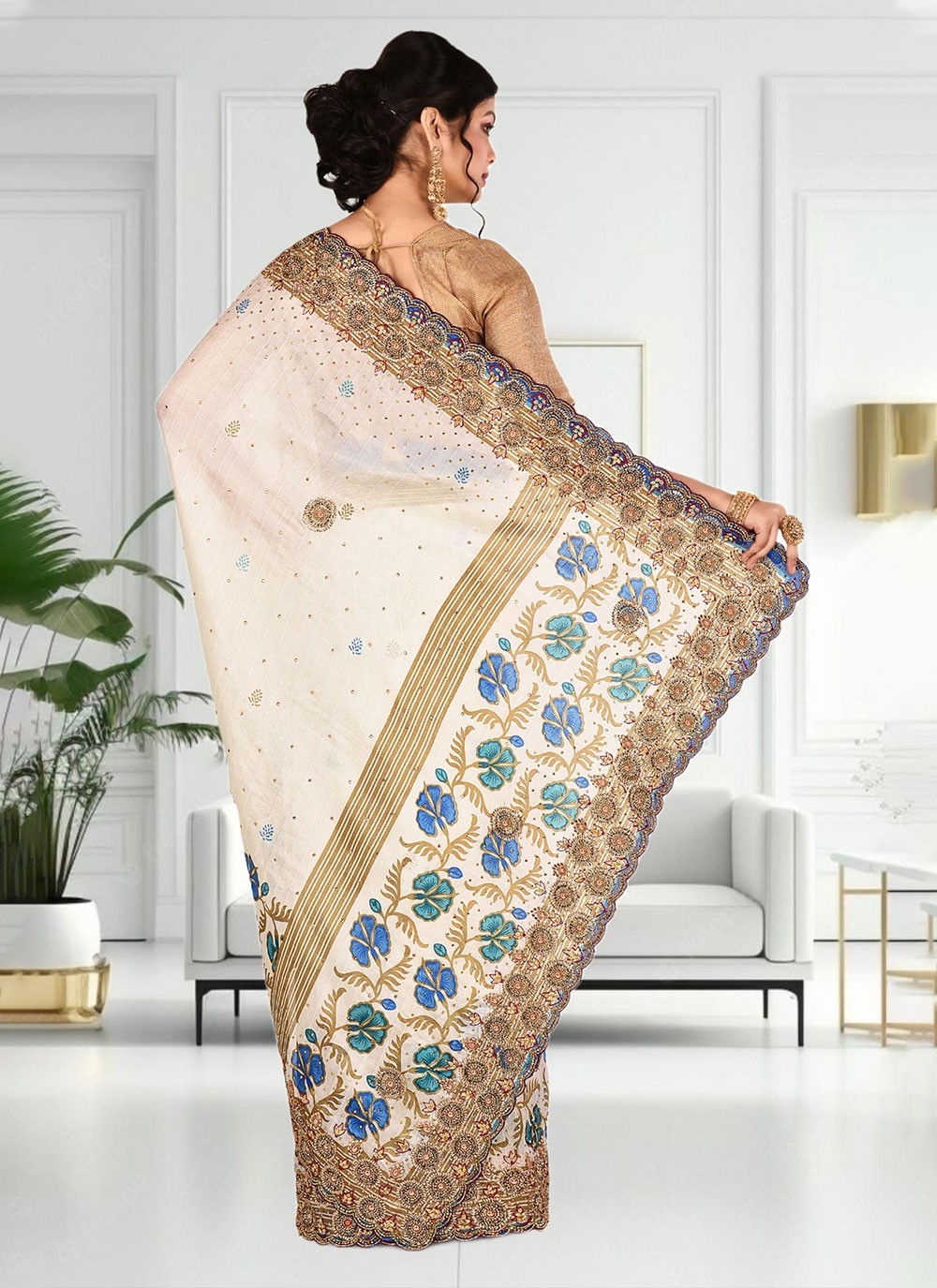 Classic Hand Embroidery Brasso Saree - S4738