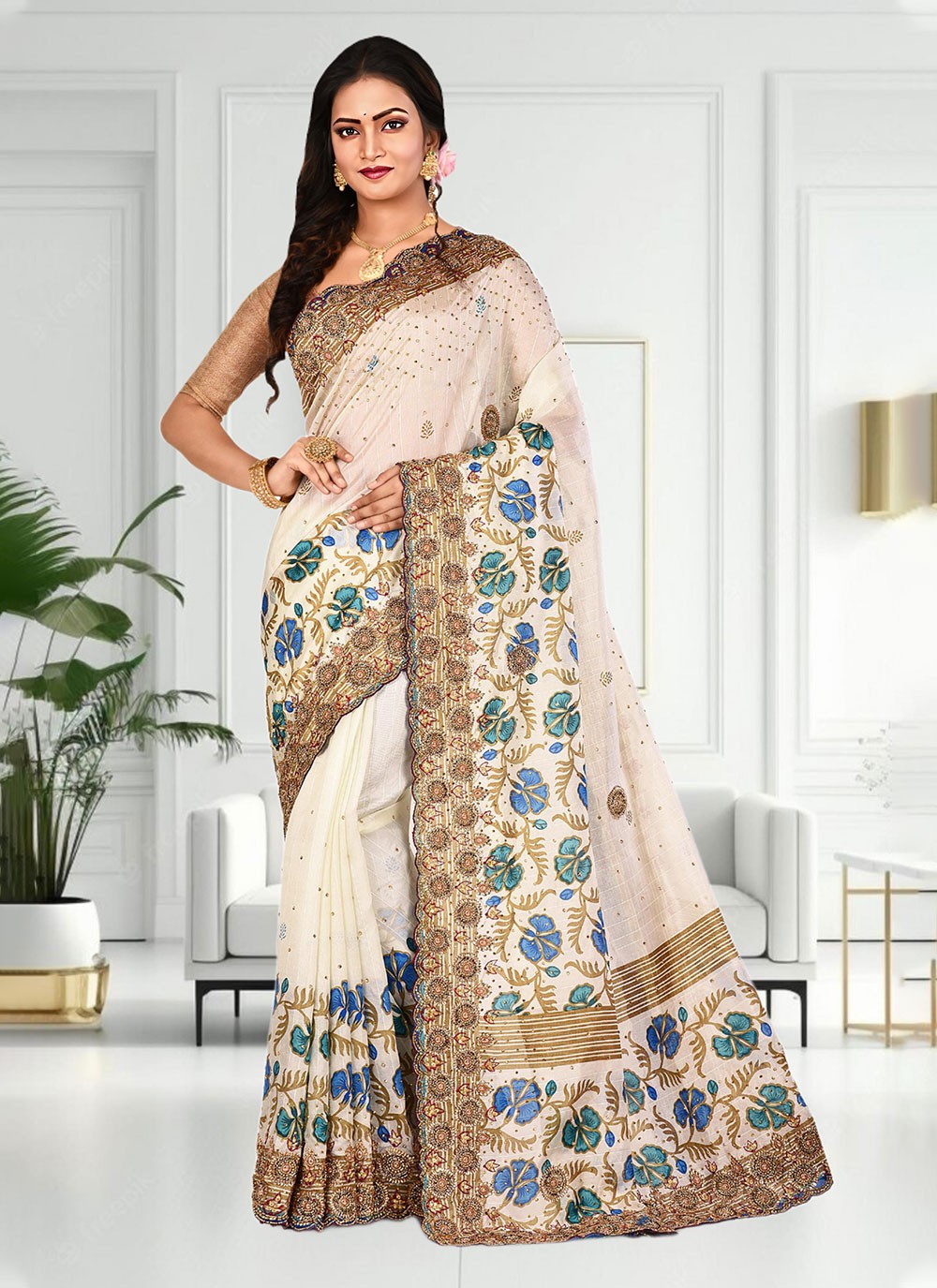 Classic Hand Embroidery Brasso Saree - S4738