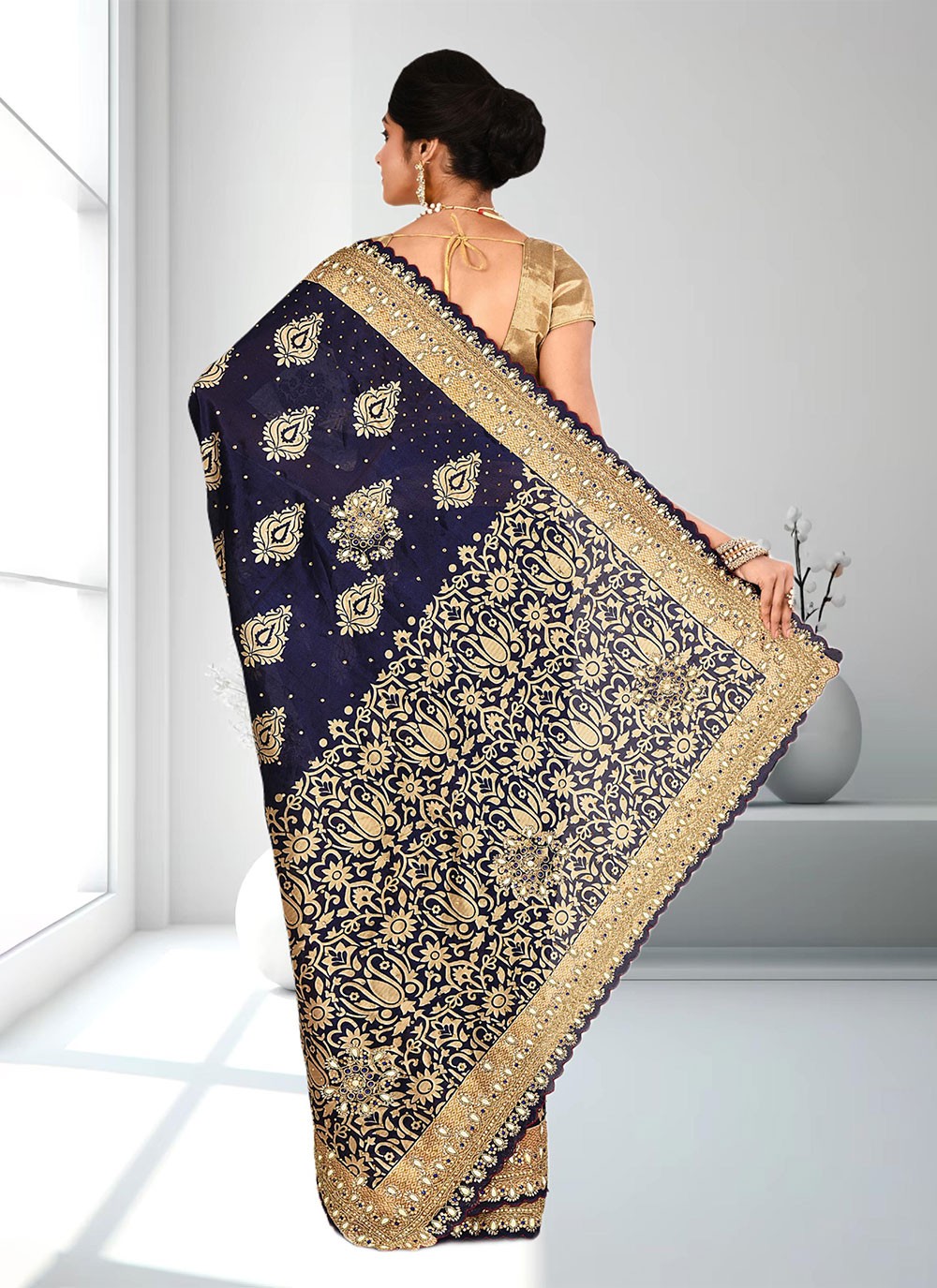 Classic Hand Embroidery Brasso Saree - S4738