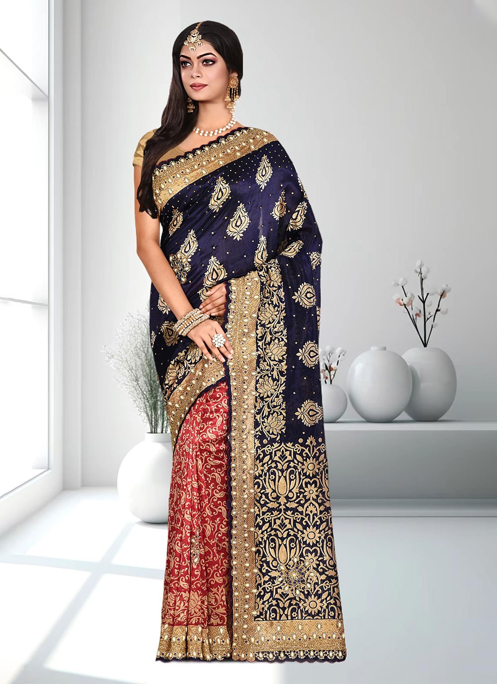 Classic Hand Embroidery Brasso Saree - S4738