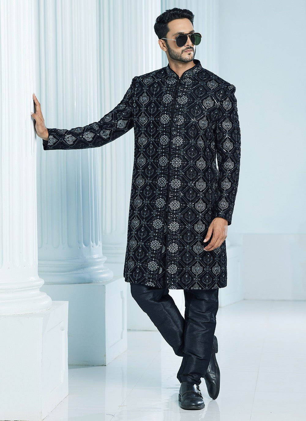 Machine Embroidery Velvet Black Indo Western Sherwani - M6112