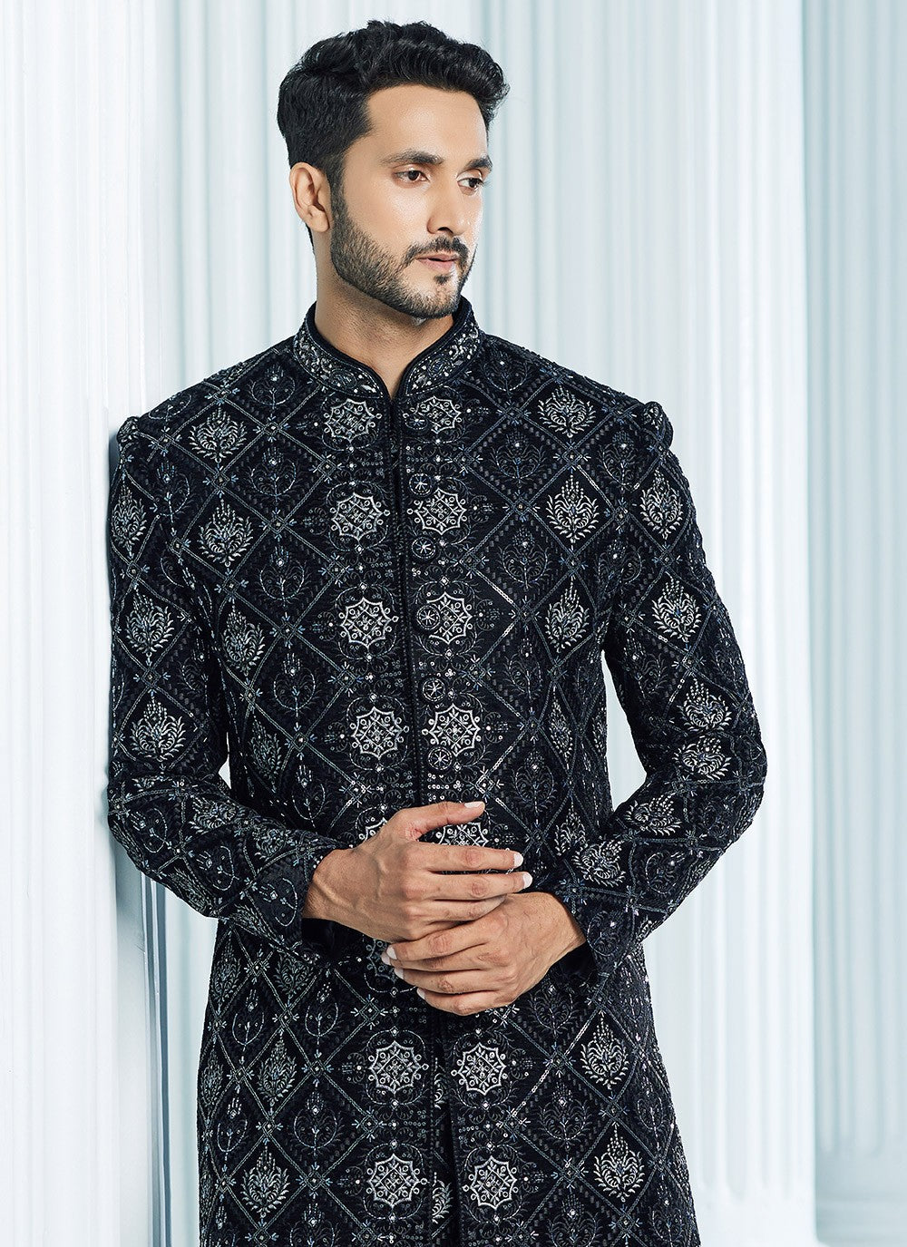 Machine Embroidery Velvet Black Indo Western Sherwani - M6112