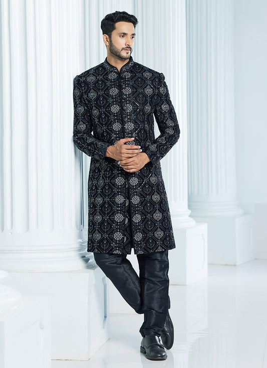 Machine Embroidery Velvet Black Indo Western Sherwani - M6112