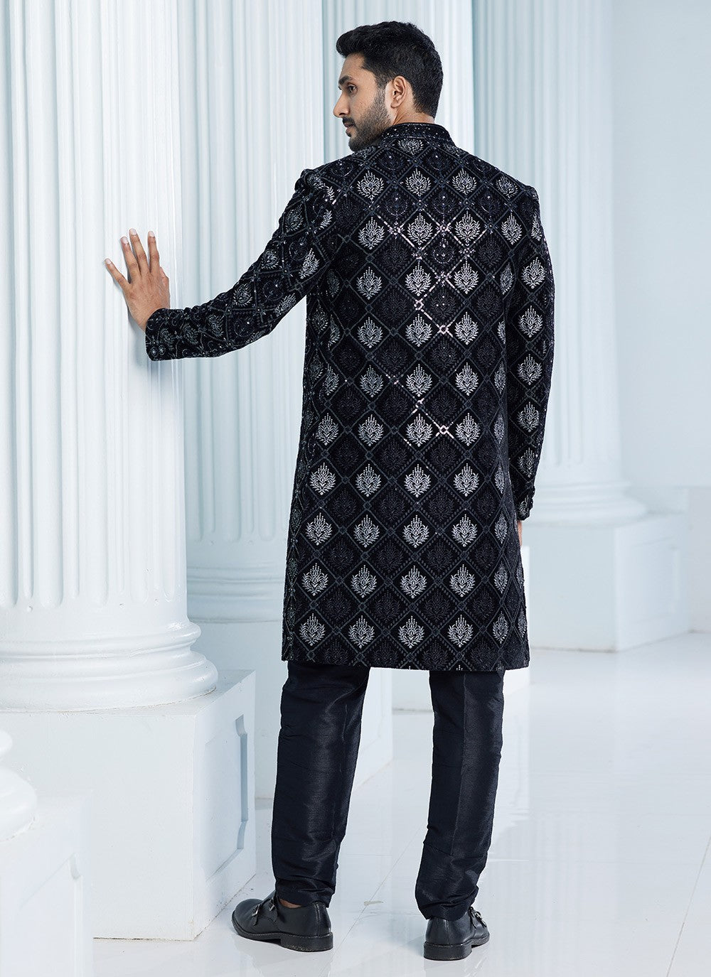 Machine Embroidery Velvet Black Indo Western Sherwani - M6112