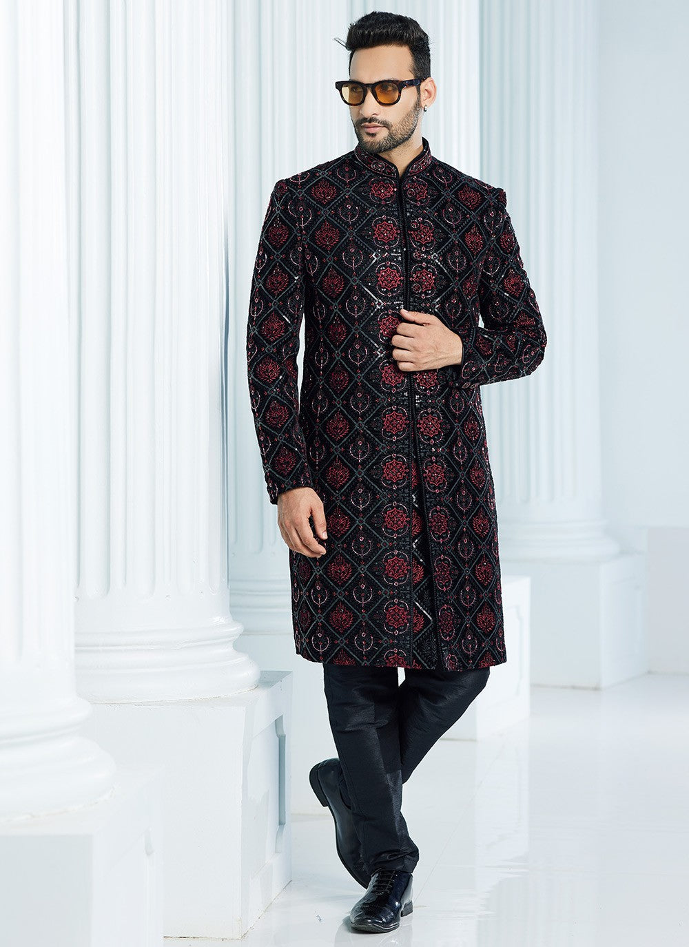 Machine Embroidery Velvet Black Indo Western Sherwani - M6113