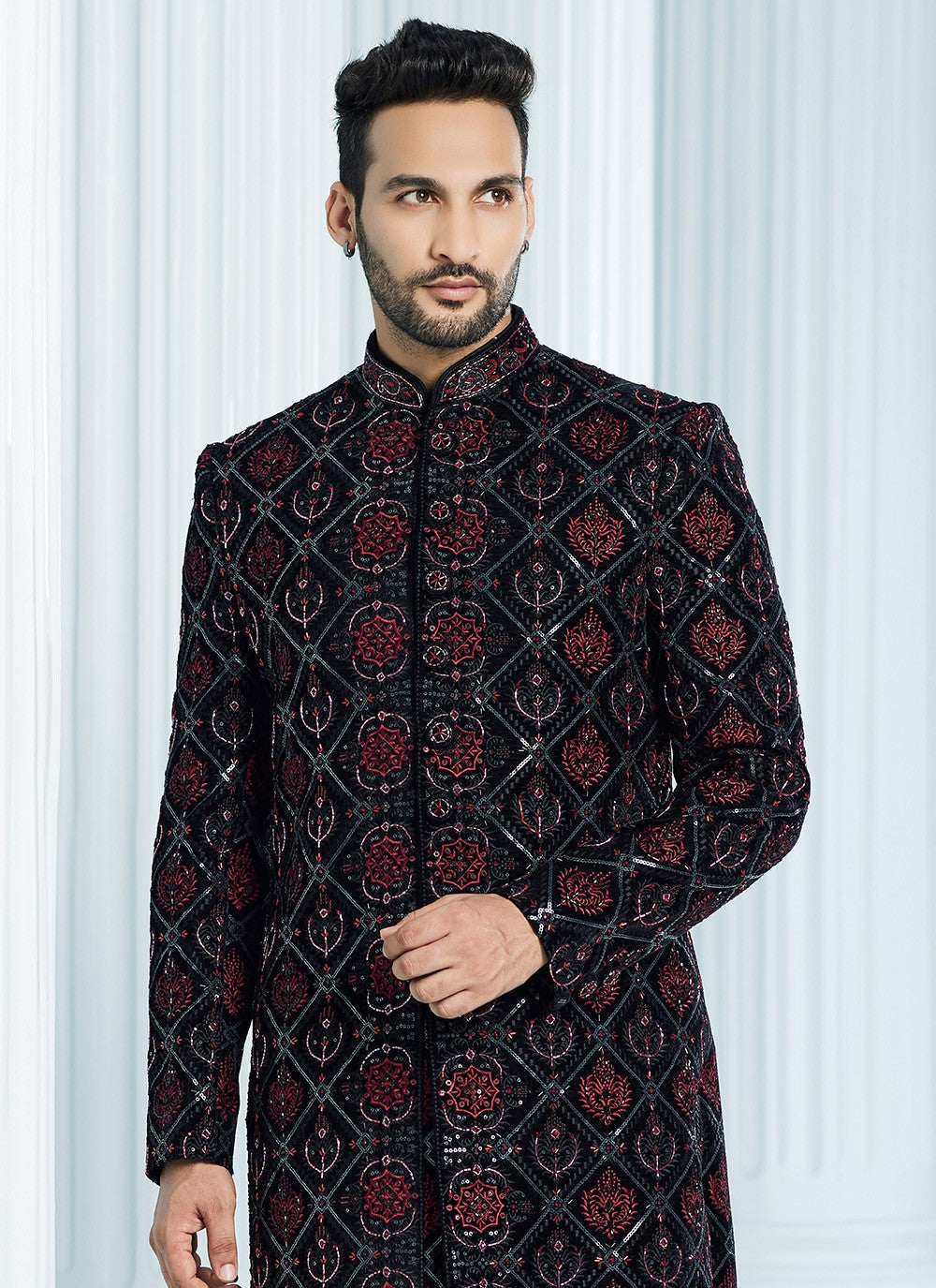 Machine Embroidery Velvet Black Indo Western Sherwani - M6113