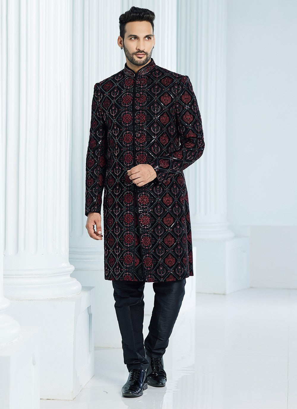 Machine Embroidery Velvet Black Indo Western Sherwani - M6113