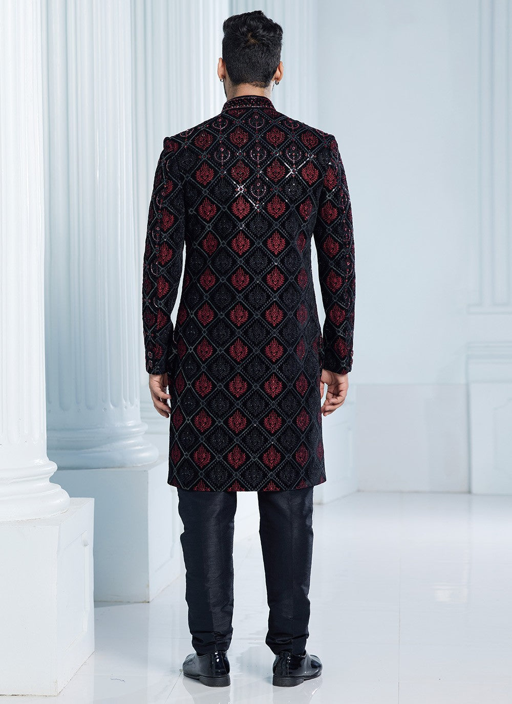 Machine Embroidery Velvet Black Indo Western Sherwani - M6113