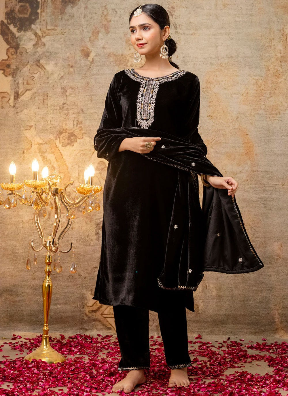 Embroidered Velvet Black Salwar Suit T6127