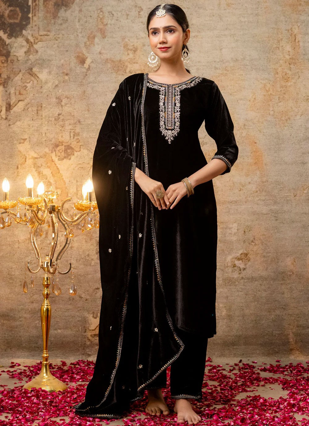 Embroidered Velvet Black Salwar Suit T6127
