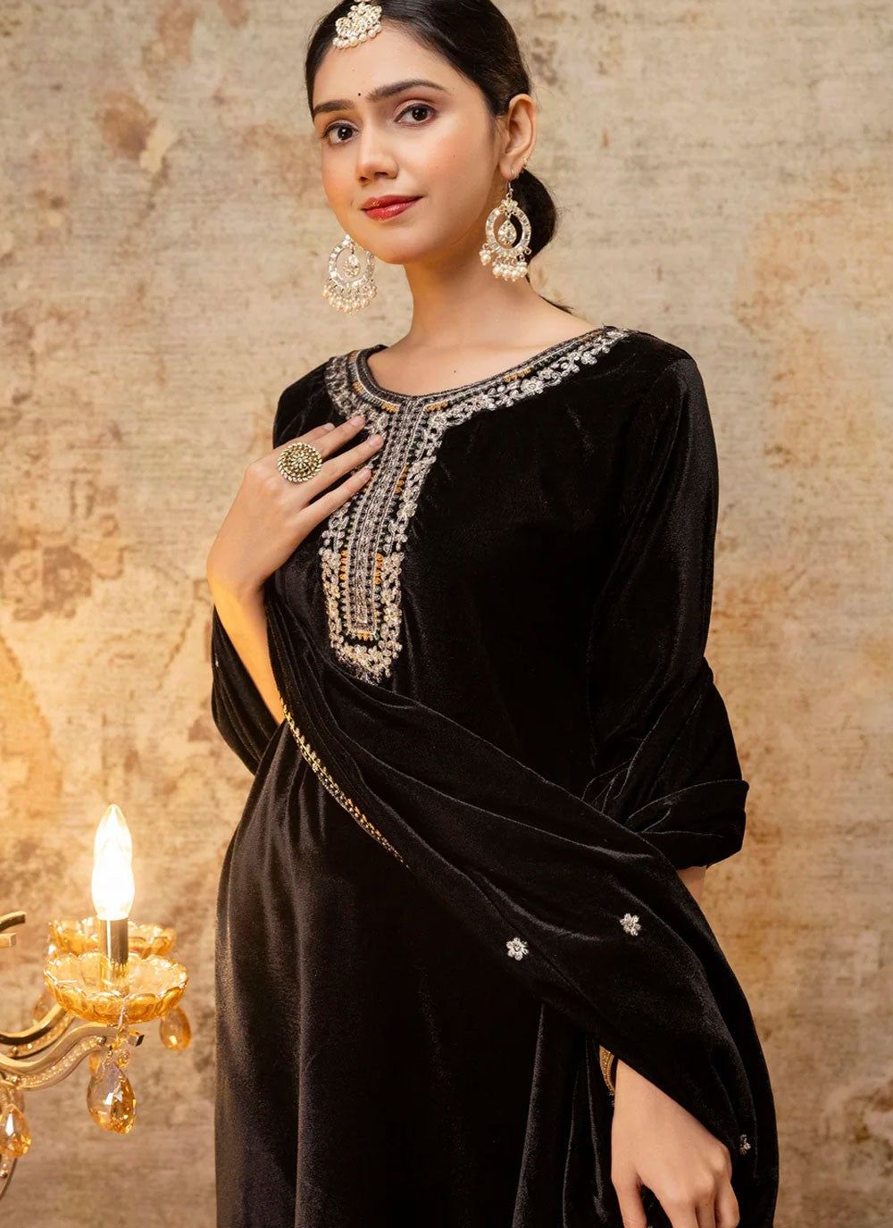 Embroidered Velvet Black Salwar Suit T6127