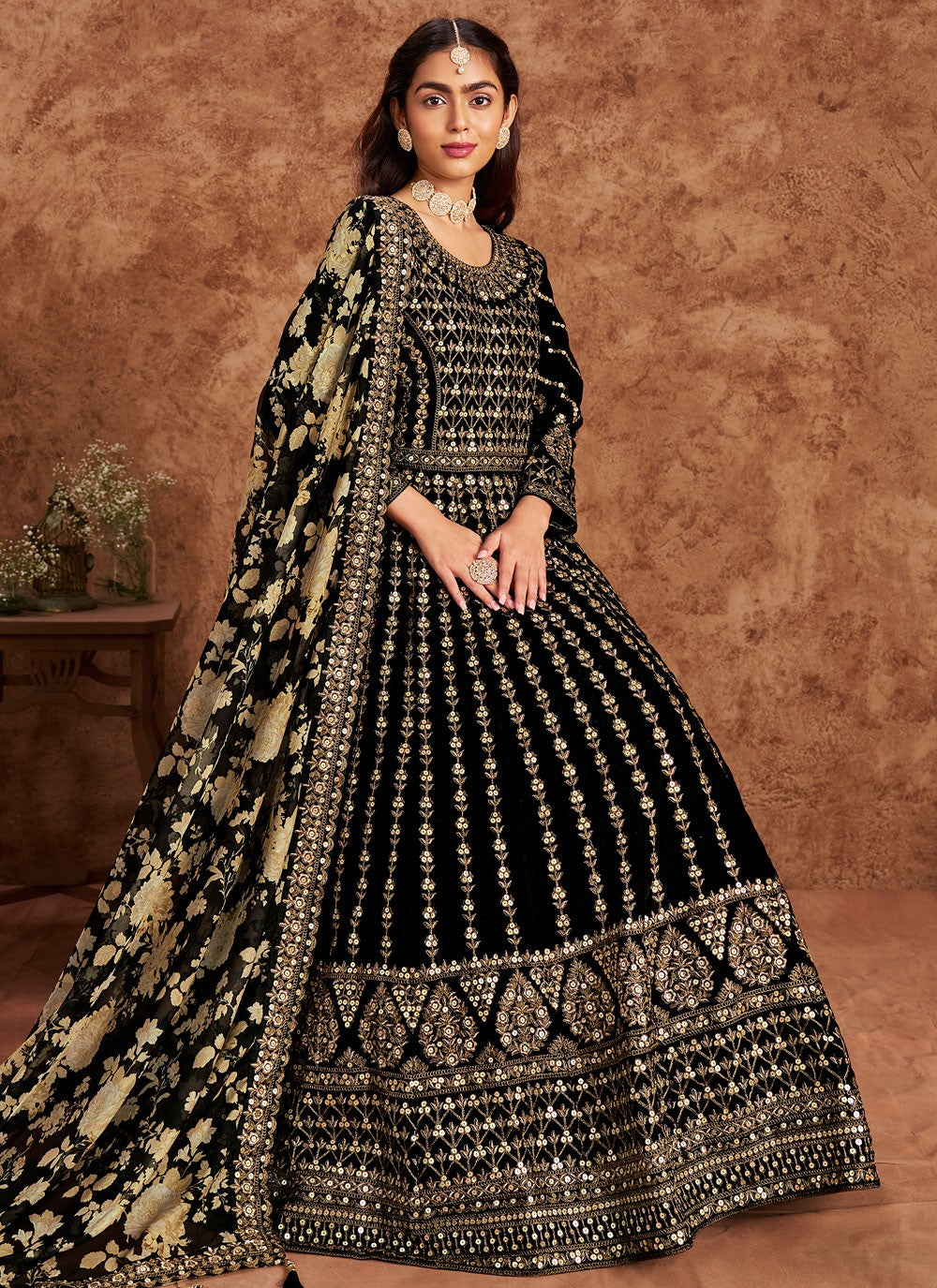 Anarkali Embroidered Black Velvet T5091