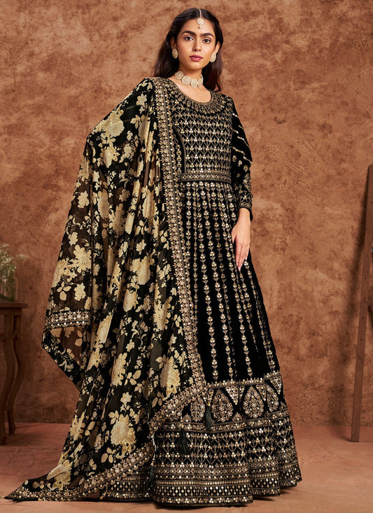 Anarkali Embroidered Black Velvet T5091