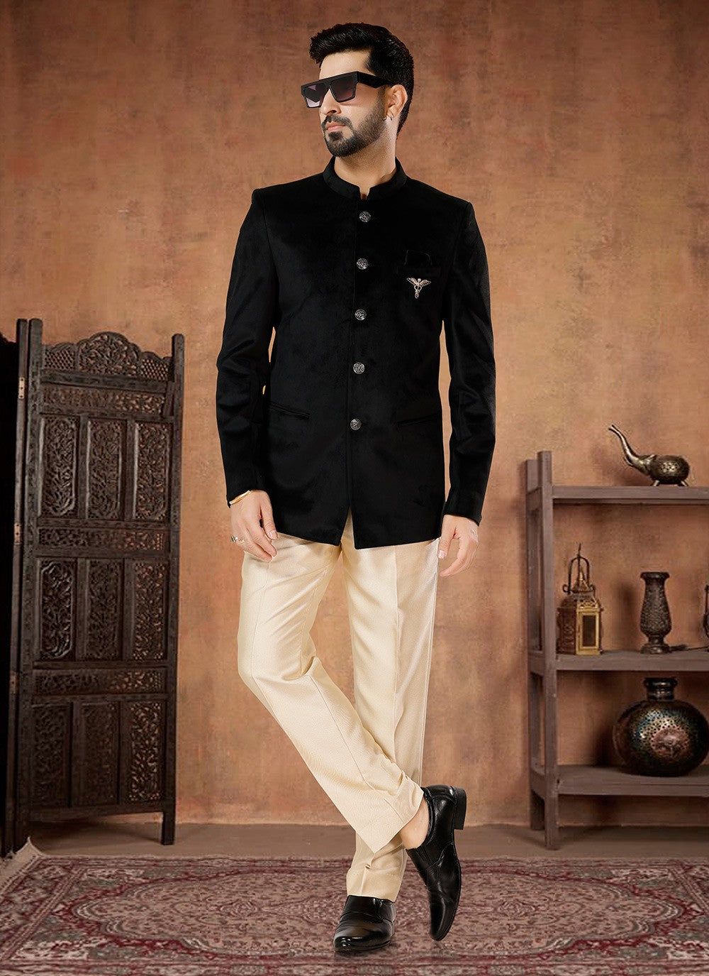 Buttons Velvet Black Jodhpuri Suit - M7064