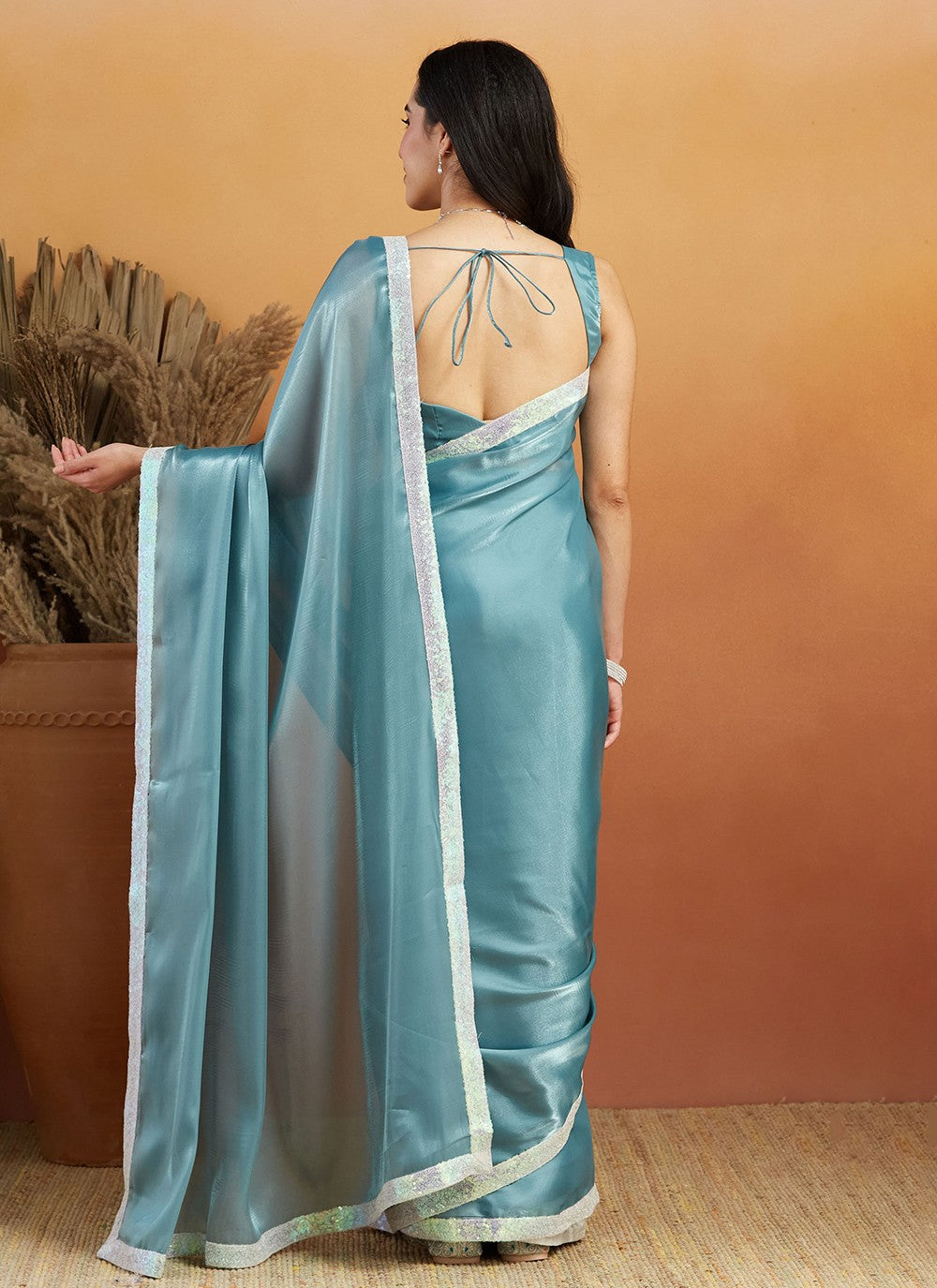 Aqua Blue Velvet Classic Saree Embroidered, Lace S17473