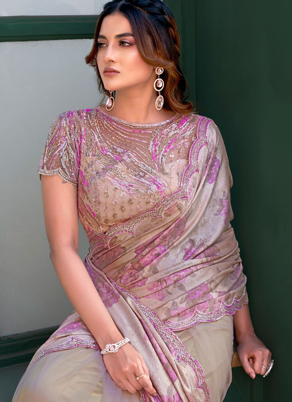 Beads Velvet Brown Saree S13834