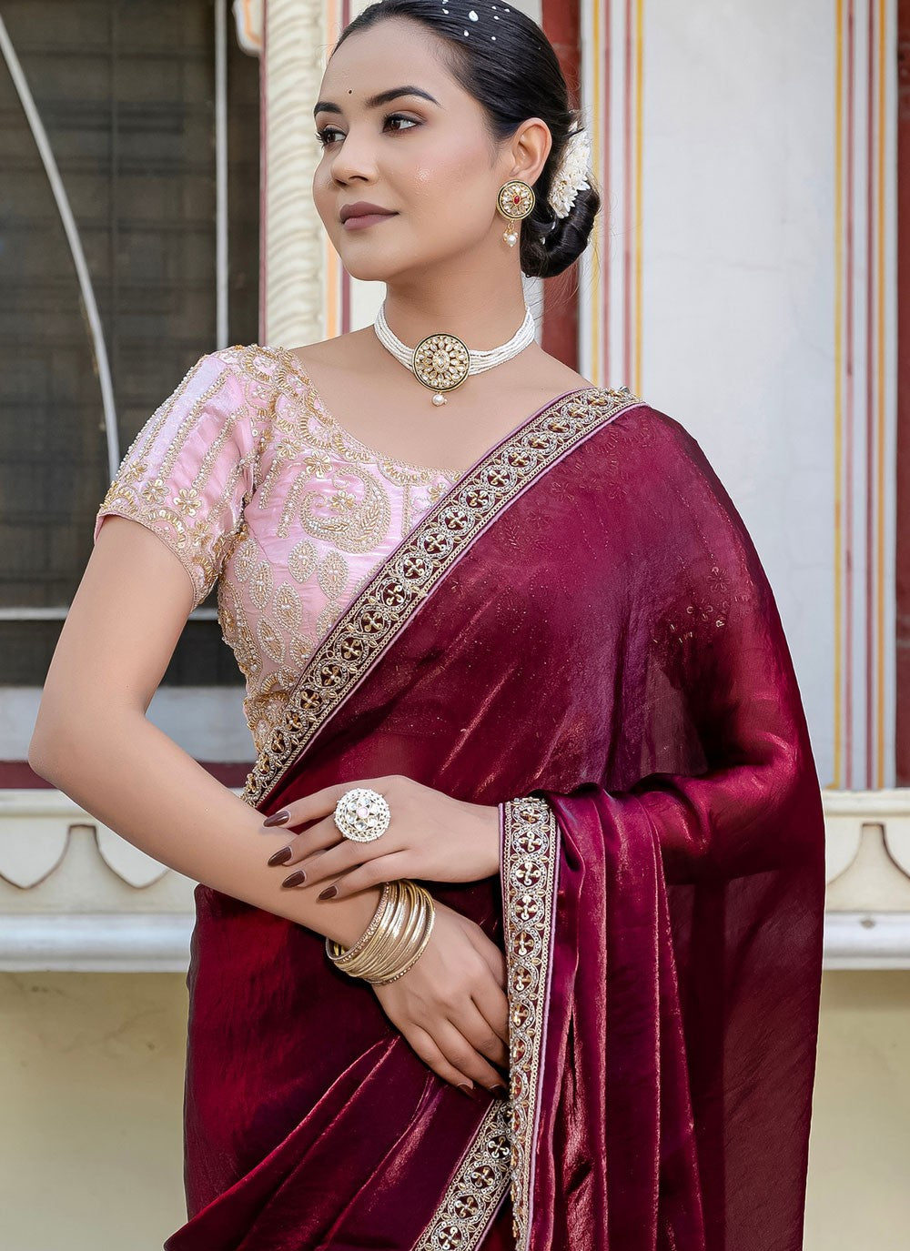 Wine Satin Contemporary Saree Cut Work, Hand Embroidery, Lace S15765