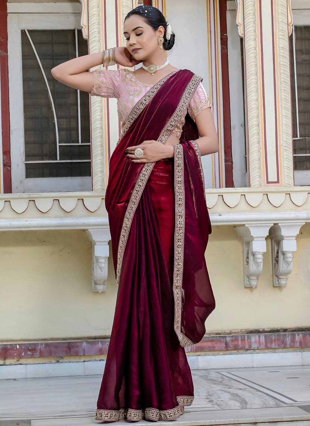 Wine Satin Contemporary Saree Cut Work, Hand Embroidery, Lace S15765