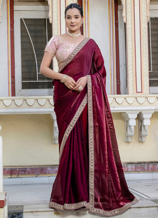 Wine Satin Contemporary Saree Cut Work, Hand Embroidery, Lace S15765