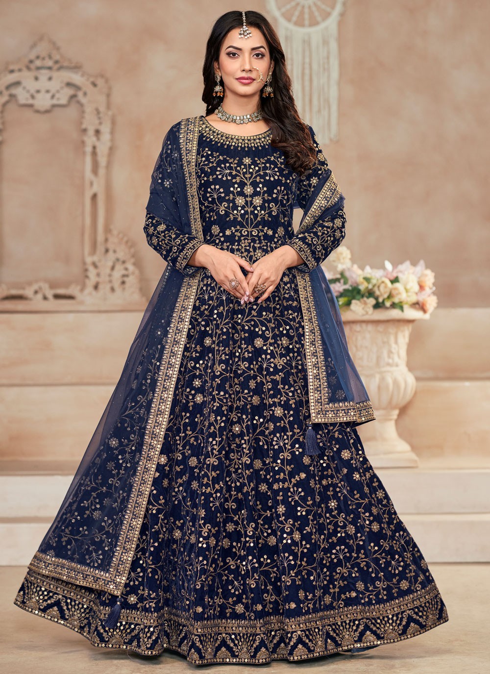 Anarkali Embroidered Navy Blue Velvet T5357