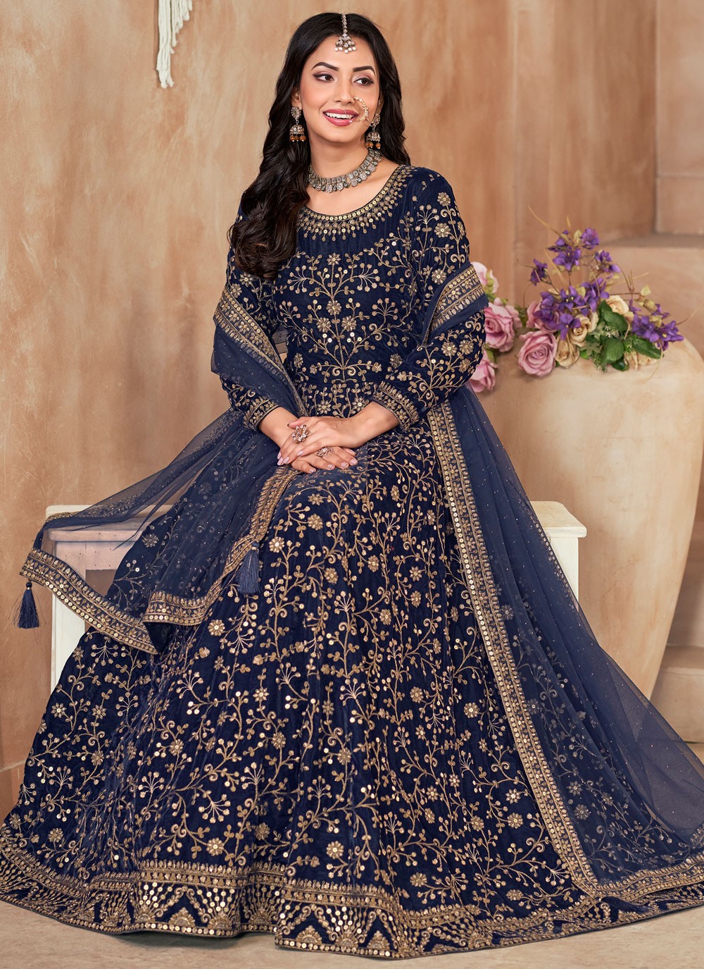 Anarkali Embroidered Navy Blue Velvet T5357