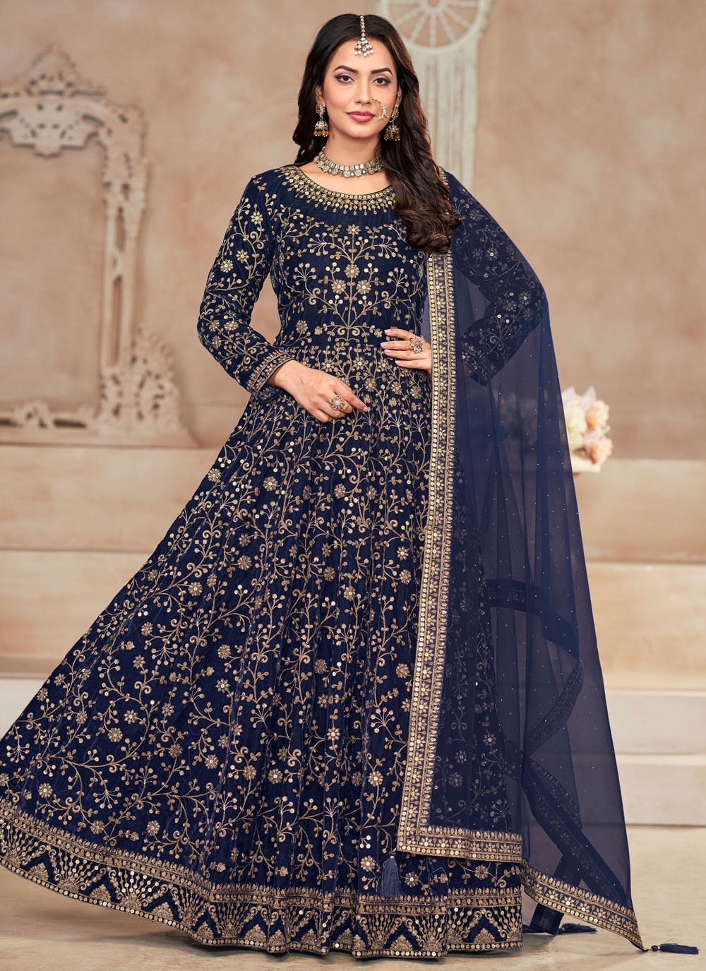 Anarkali Embroidered Navy Blue Velvet T5357