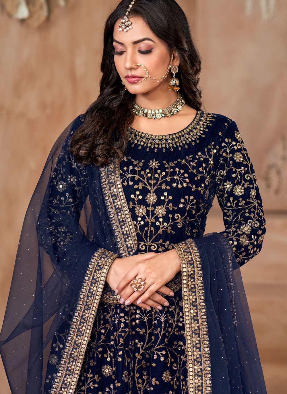 Anarkali Embroidered Navy Blue Velvet T5357