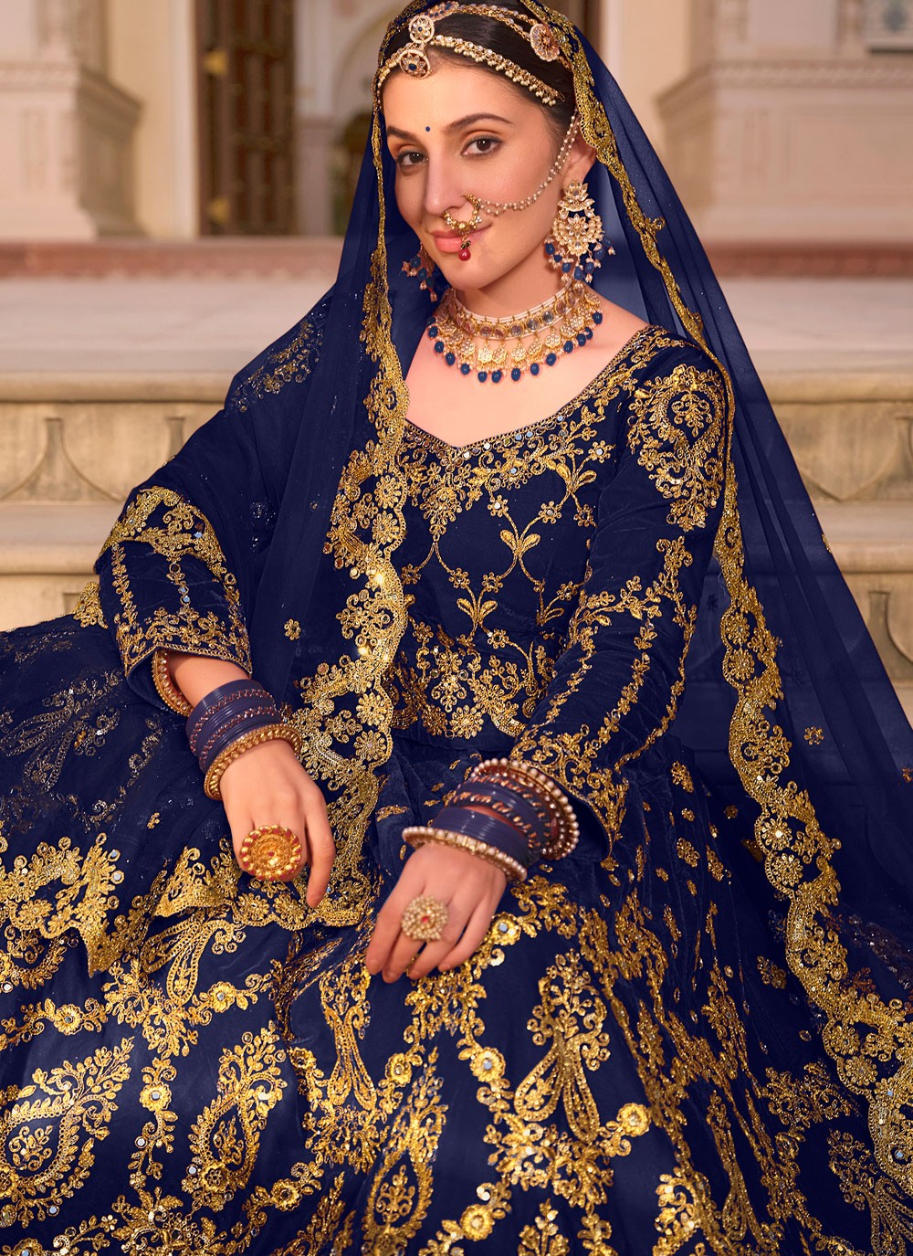 Embroidered Velvet Blue Lehenga - L3293