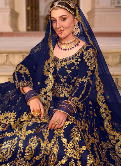 Embroidered Velvet Blue Lehenga - L3293