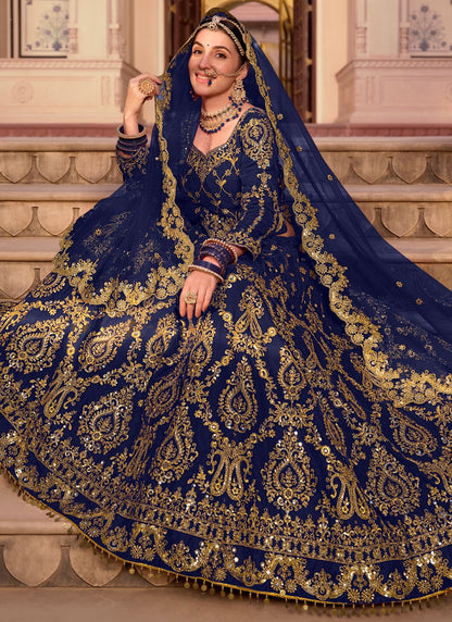 Embroidered Velvet Blue Lehenga - L3293