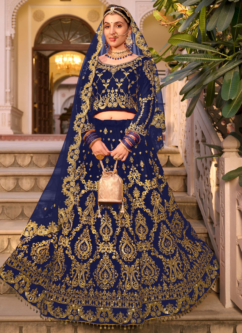 Embroidered Velvet Blue Lehenga - L3293