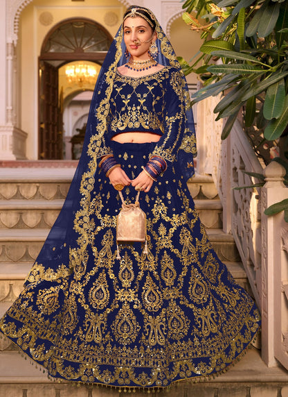 Embroidered Velvet Blue Lehenga - L3293