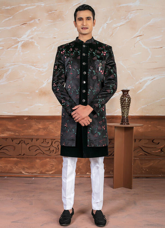 Embroidered Velvet Black Indo Western - M8342