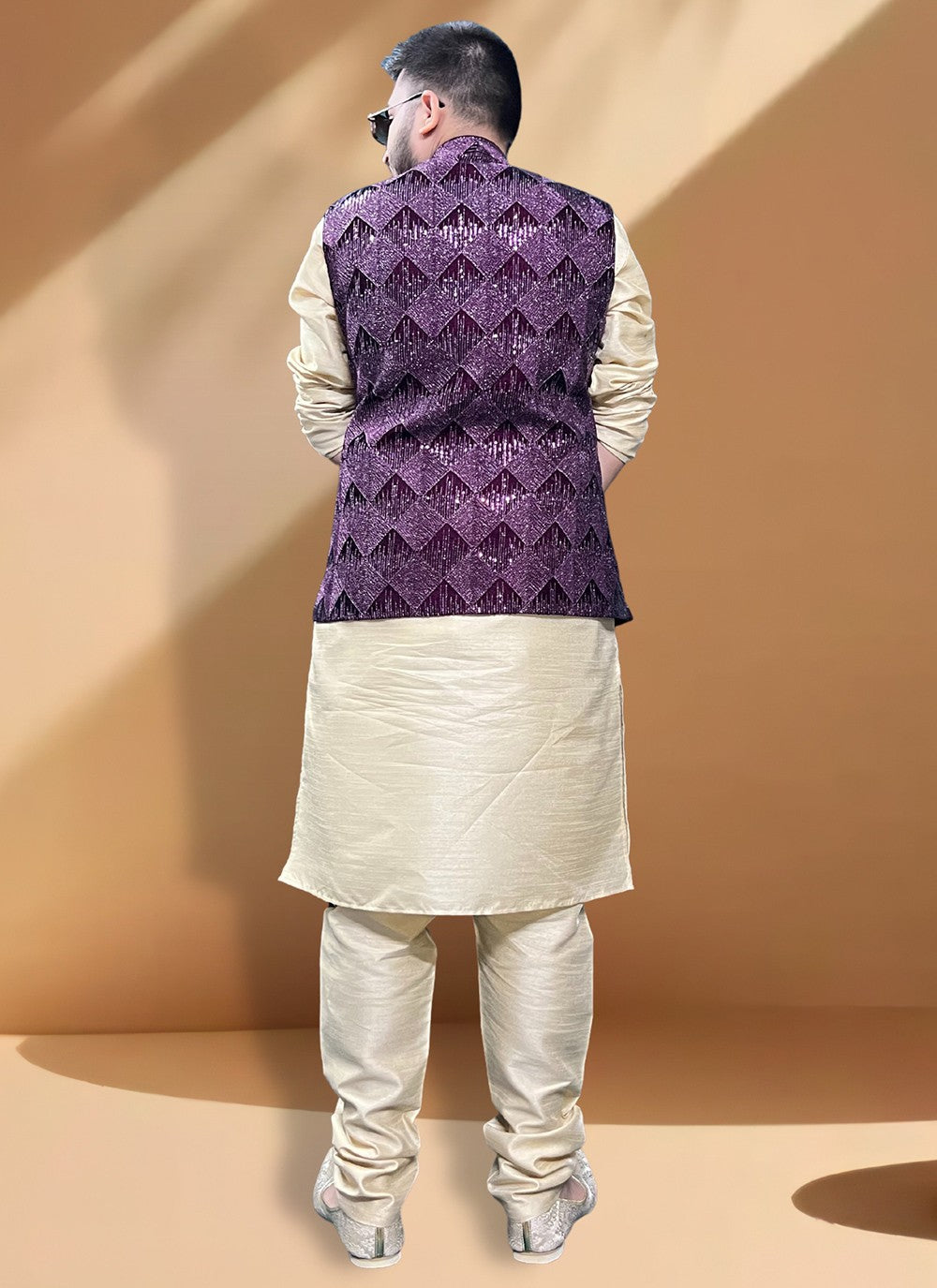 Embroidered Silk, Velvet Gold, Wine Kurta Payjama With Jacket - M5415