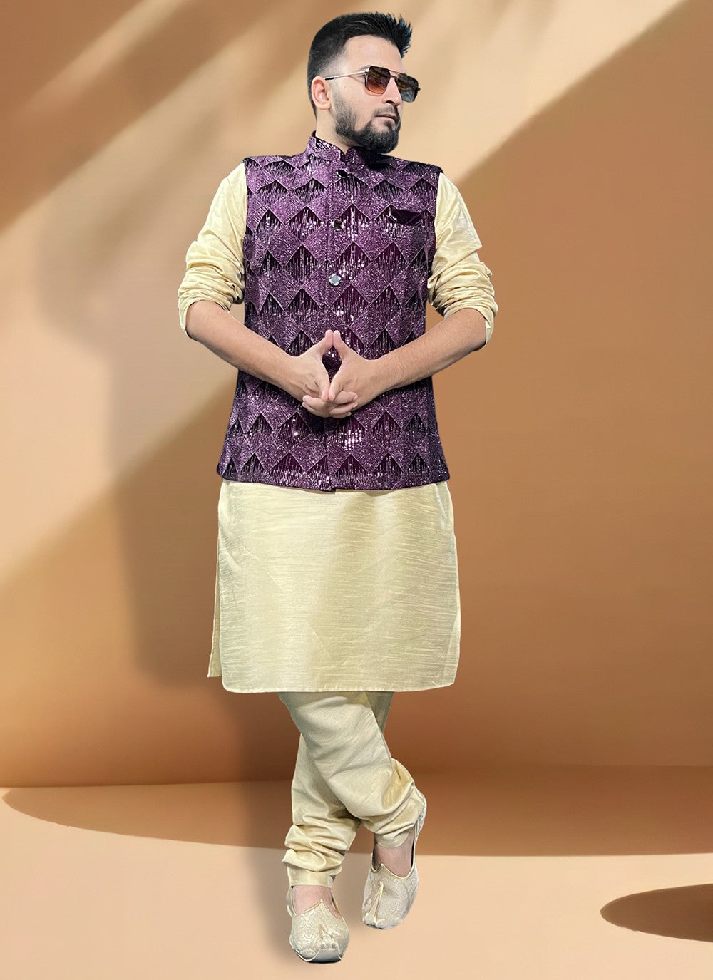 Embroidered Silk, Velvet Gold, Wine Kurta Payjama With Jacket - M5415