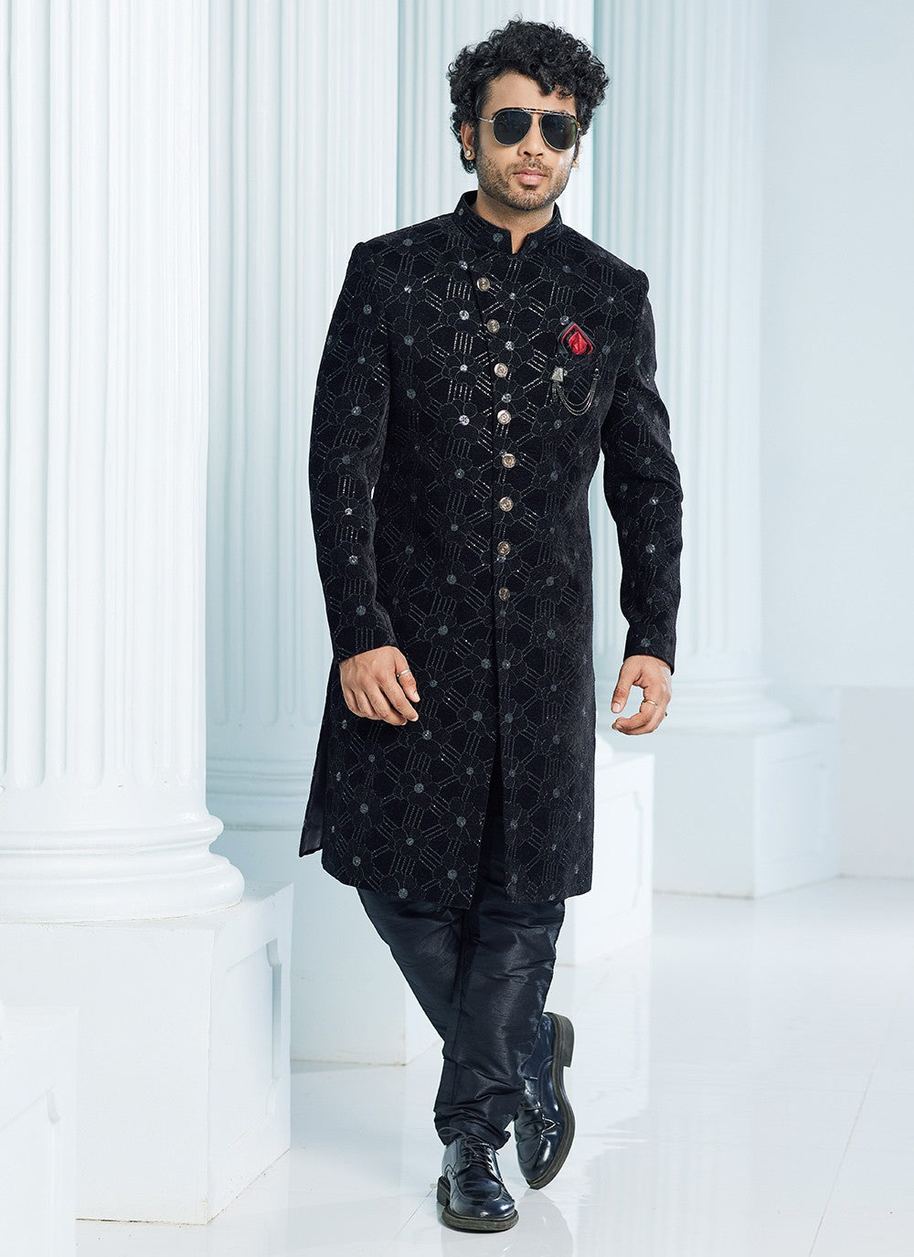 Machine Embroidery Velvet Black Indo Western Sherwani - M6119