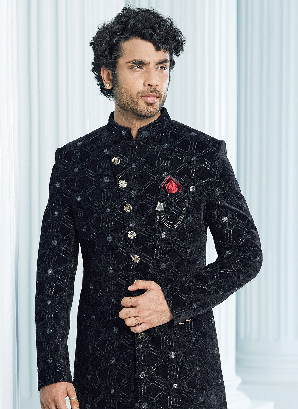 Machine Embroidery Velvet Black Indo Western Sherwani - M6119