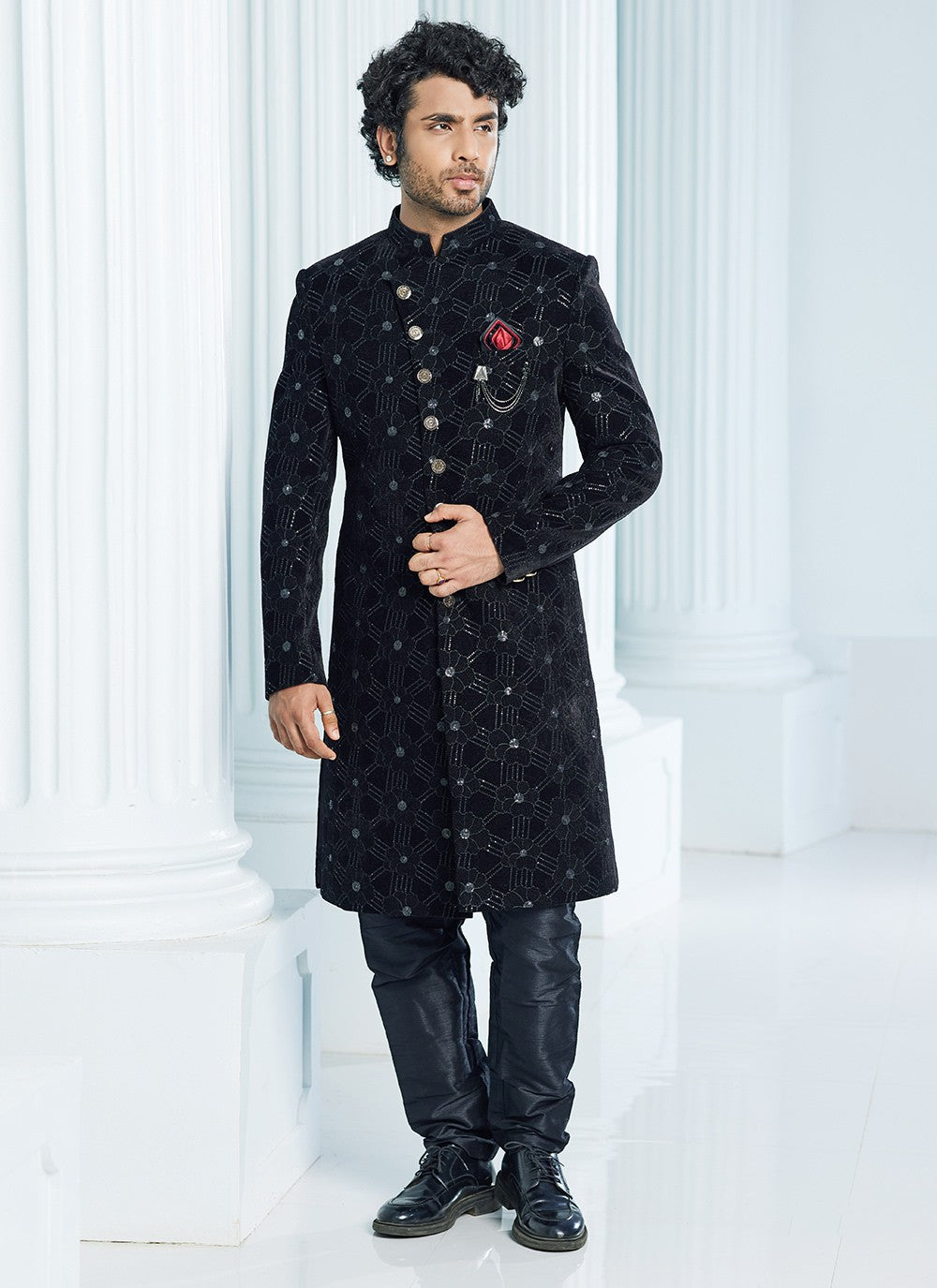 Machine Embroidery Velvet Black Indo Western Sherwani - M6119