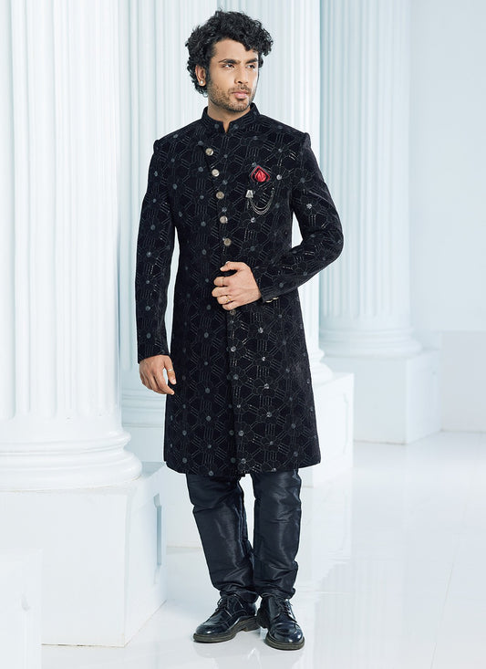 Machine Embroidery Velvet Black Indo Western Sherwani - M6119