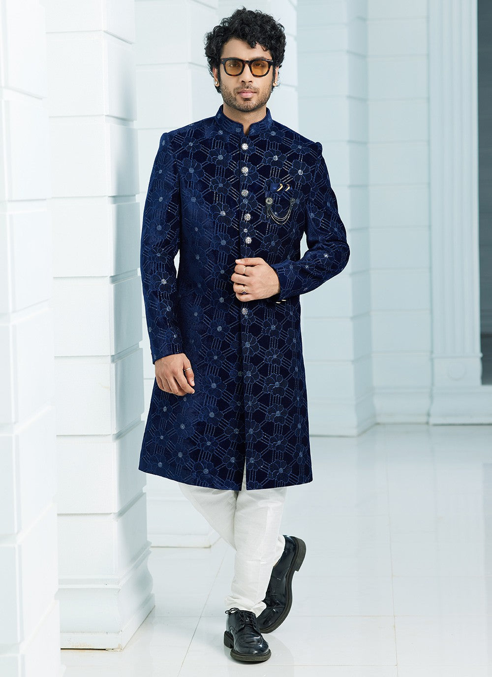 Machine Embroidery Velvet Navy Blue Indo Western Sherwani - M6118