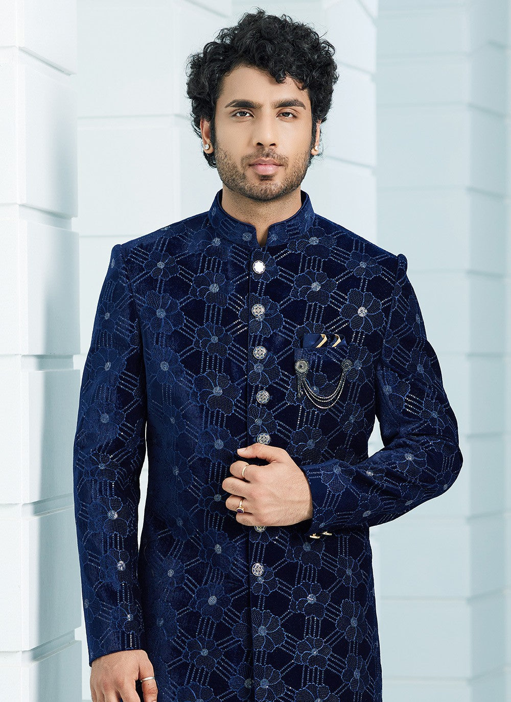 Machine Embroidery Velvet Navy Blue Indo Western Sherwani - M6118