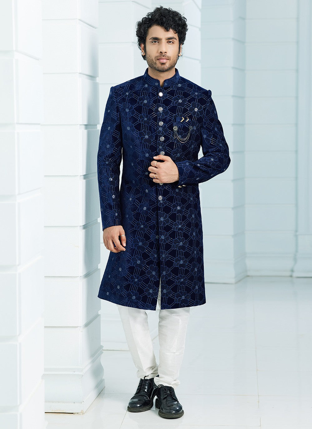 Machine Embroidery Velvet Navy Blue Indo Western Sherwani - M6118
