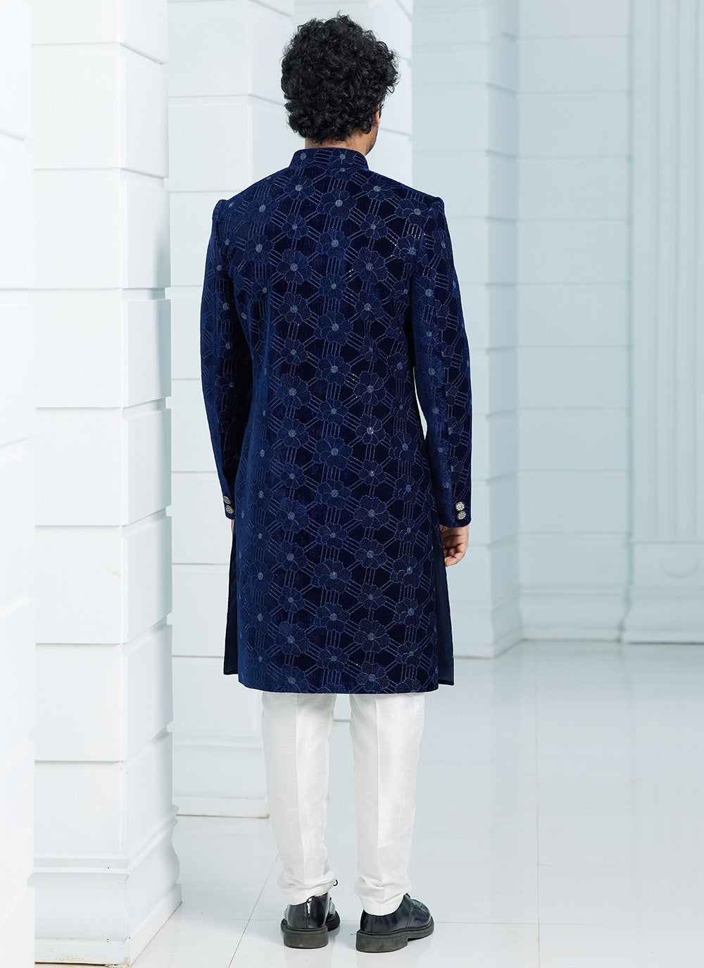 Machine Embroidery Velvet Navy Blue Indo Western Sherwani - M6118